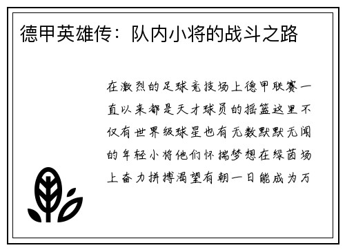 德甲英雄传：队内小将的战斗之路